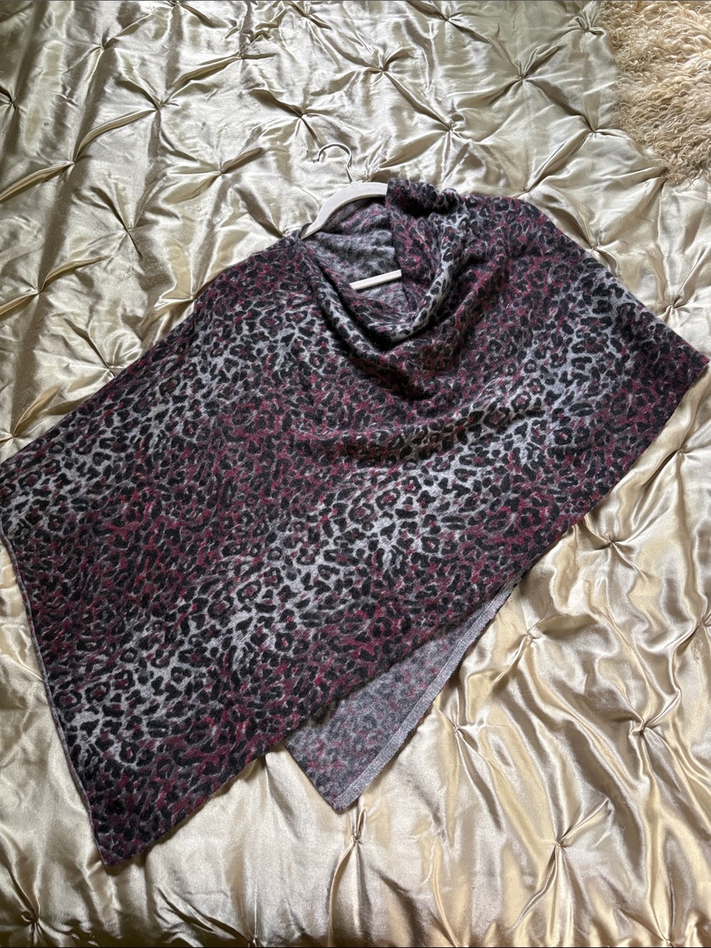 Leopard Print 100% cashmere Poncho - Burgundy and Gray